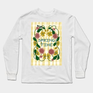 Spring Time Floral Wreath with Yellow Daisies, Caterpillar, Magpie, and Ladybug on Plaid | pink, yellow Long Sleeve T-Shirt